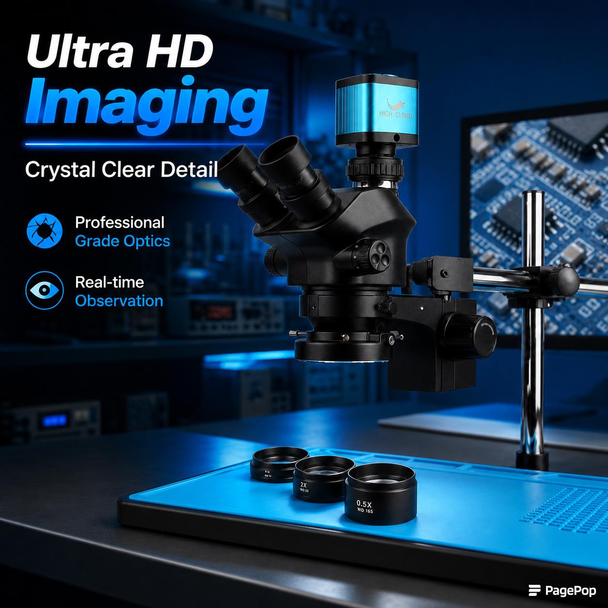 Simul-Focal Industrial Microscope 4K Hdmi - مجهر ستيريو ثلاثي العينية قابل للتعديل
